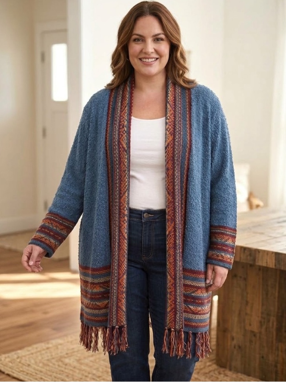 Ruby Rd 3X Blue Boho Southwestern Fringe Duster Cardigan Sweater Coat EUC